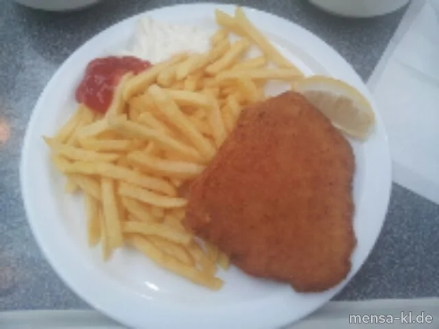 Paniertes Schnitzel "Wiener Art" (S,Lfrei) mit Pommes frites (Lfrei) und Salat (Lfrei)