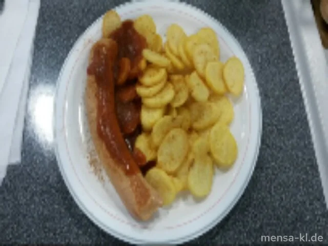 Rote Currywurst (R,Lfrei) - auf Wunsch mild, scharf oder extra-scharf -, dazu Steakhouse-Frites (Lfrei)