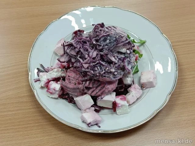 Feta-Salat mit Rote Beete, Rotkraut, Äpfel und Rucola (La), dazu Senf-Dressing (1,5,Sw,Sf)