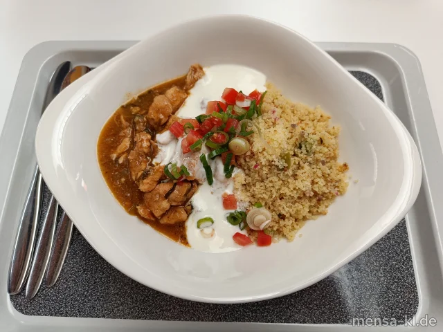 Hähnchen Tagine (Sl,G) mit buntem Cous-Cous (Gl,Sl) und Honig-Ingwer-Dip (5,La,Sw)
