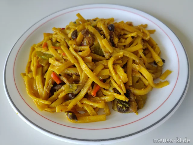 Tagliolini Asia Style mit Shiitake, Buchenpilze, Pak Choi, Teriyakisoße und Sesam (1,5,Gl,Sw,Se,So), dazu Salat