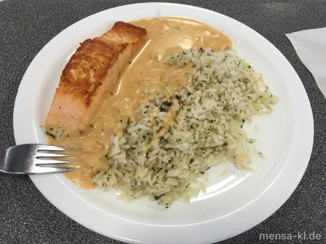 Lachsfilet (Fi) mit Café de Paris-Soße (Gl,La) und Kräuterreis