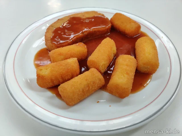 Paniertes Hähnchenbrustfilet (Gl,G) Vollkorn-Pilz-Bratling (Gl,Ei,La,Sl,Se), Bratensoße, Kroketten (Gl) und Salat