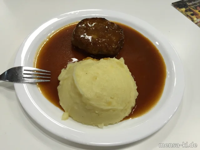 Pfälzer Fleischküchle (S,Lfrei) mit Bratensoße (V,Lfrei), Grumbeer-Stampes (V) und Salat (V,Lfrei)