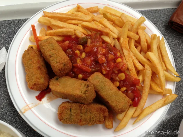 Gemüsekroketten (V) mit Pusztasoße (9,V), Pommes-Frites (V) und Krautsalat (V)