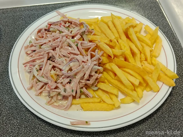 Bunter Wurstsalat in Senfdressing (1,2,3,5,8,9,Gl,Ei,Sw,Sf,S) mit Pommes frites und Salat