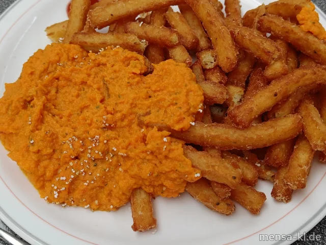 Hash Brown Fries mit Petersilien-Karottencreme und gepoppten Amaranth (So), dazu ein Beilagensalat nach Wahl