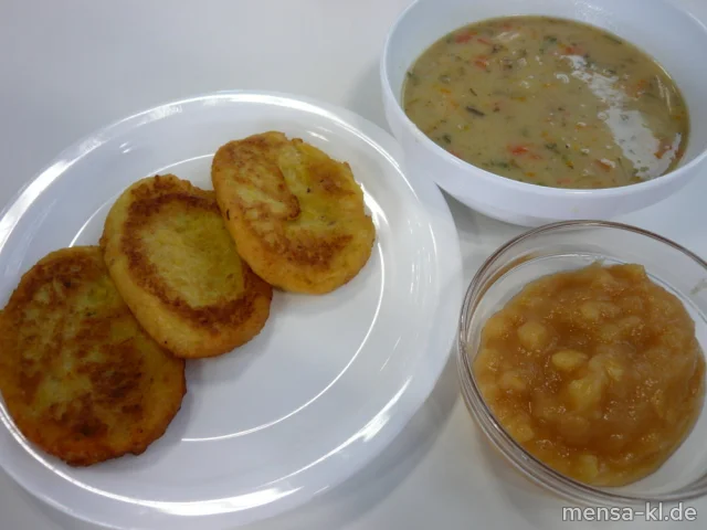 Pfälzer Grumbeersuppe (5,La,Sw,Sl,V) mit Grumbeerpannekuche (Gl,Ei,V) und hausgemachtem Appelmus (3,V)