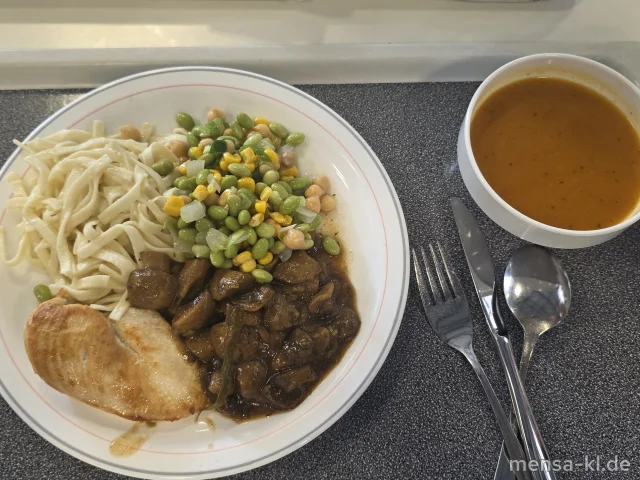 Würziges Hähnchenbrustfilet (G) mit karamellisierten Thymian-Champignons, High Protein Bandnudeln (Gl) und Kichererbsen-Edamame-Salat (1,5,Sw,So)
