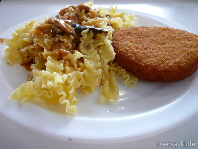 Blumenkohl-Käse-Medaillon "Jäger Art" (3,V), Eiernudeln (V) und Salat (V)