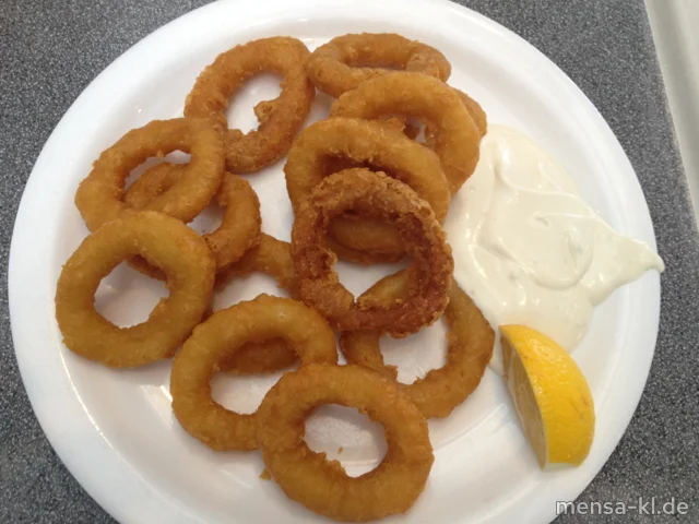 Gebackene Tintenfisch-Ringe (F) mit Dill-Limetten-Mayonnaise (1) und Baguette