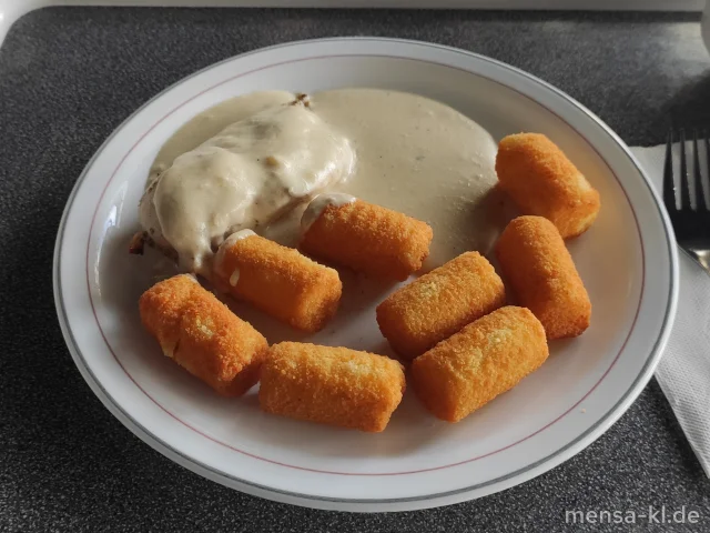 Hähnchenbrustfilet (1,5,Sw,G) mit Gorgonzolasoße (Gl,La), Kroketten (Gl), dazu ein Beilagensalat nach Wahl