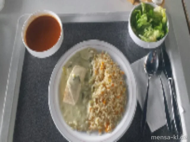 Bunter Reis (Sl) mit Lachsfilet (Fi), Pinot-Grigio-Lauchsoße (3,5,Gl,Ei,La,Sw,A) und Salat