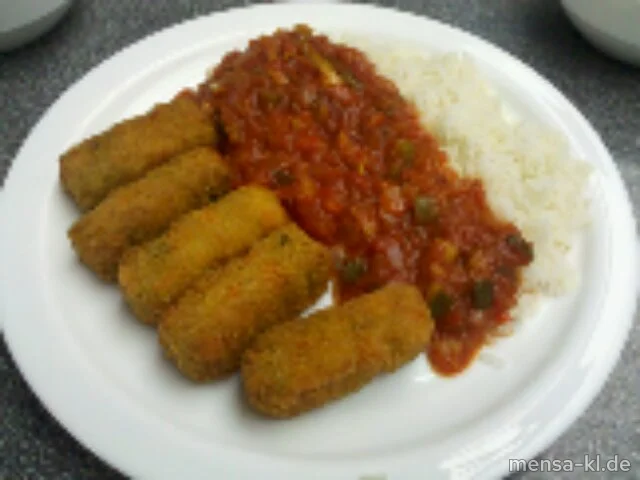 Gemüsekroketten (V) mit Pepperonatasoße, Reis und Salat