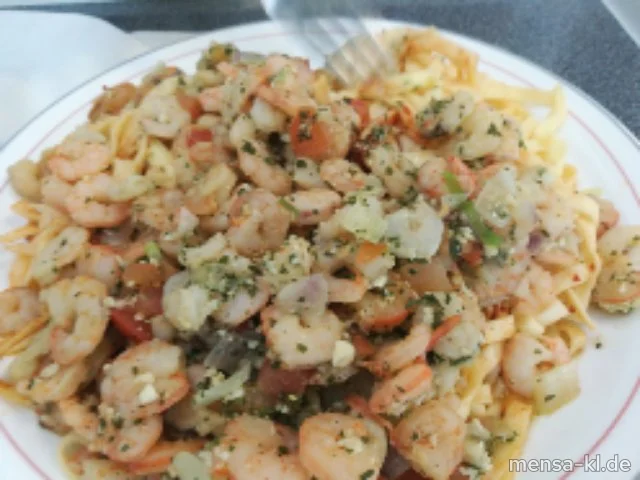 Shrimps (Kr) mit Pesto-Sahnesoße (2,Gl,Nu,Ei,La), Tomaten-Tagliatelle (Gl)