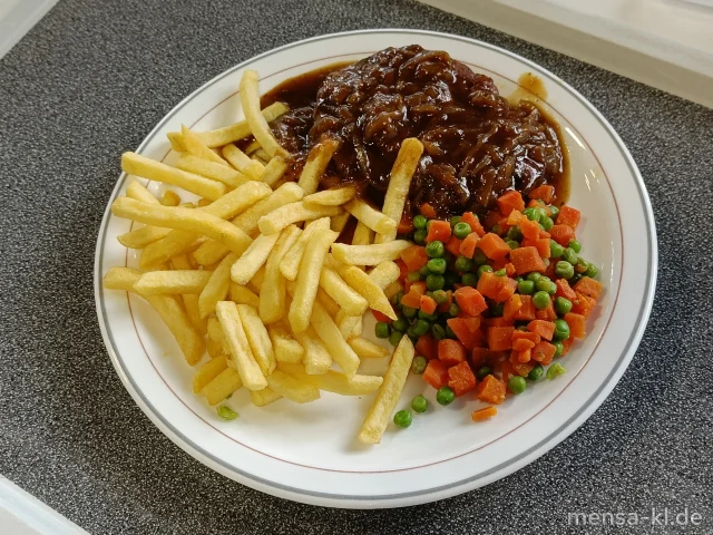 Schwenksteak (4,Sf,S) mit Schmorzwiebelsoße (Gl), Pommes frites und Erbsen-Karotten-Gemüse (La)