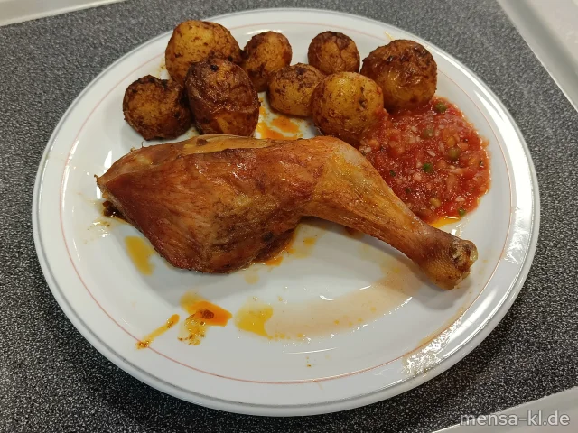 Gebratene Hähnchenkeule (Sf,G) mit Mexikana-Salsa (4), gewürzte Drillinge und Pfannengemüse