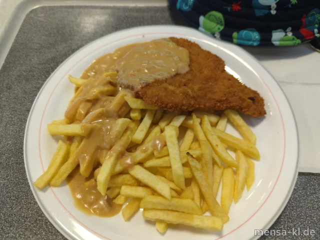 Paniertes Schweineschnitzel (Gl,Ei,S) mit Zwiebel-Rahmsoße (Gl,La), Pommes frites und Leipziger-Allerlei (1,La)