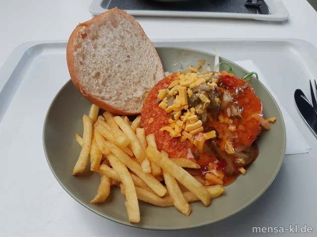 Chickenburger: Chicken-Burger Sweet Chili überbacken mit Cheddar (1,Gl,La,Sl,G) im Brioche Burger Bun (Gl,La), dazu Pommes