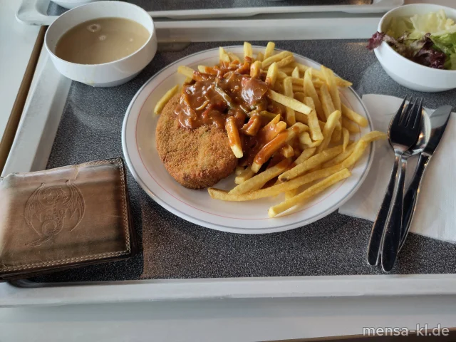 Gemüse-Krustie (Gl,Sl) mit Paprika-Zwiebel-Sahnesoße (Gl,La), Pommes frites und Salat
