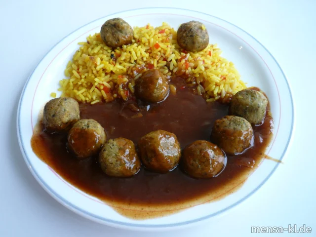 Falafel (1,Gl,Sl,V,V+) mit "Ras el Hanout"-Soße (Gl,Sl,V,V+), orientalischem Reis (Nu,Sl,V,V+) und Salat (V,V+) | Vegan