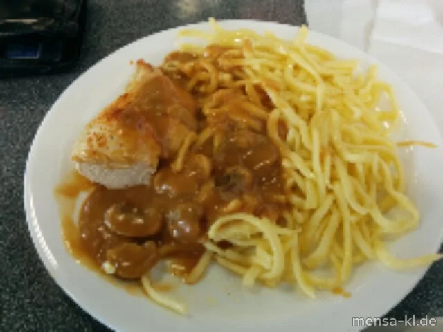 Hähnchenbrustfilet (G) mit Champignon-Rahmsoße (2,5,Gl,La,Sw,Sf) und Spätzle (1,Gl,Ei)