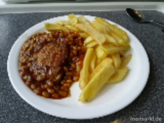 Schweinerückensteak 'Western Art' (S) mit Baked Beans (3), Steakhouse-Frites und Salat