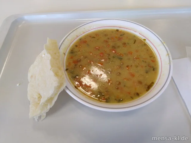 Kokos-Linsen-Möhreneintopf (Gl,Sl,So), dazu eine Scheibe Brot (Gl)