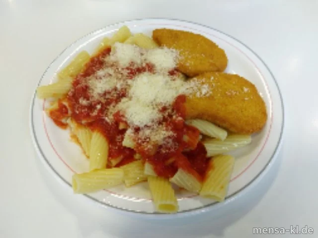 "Valess"-Schnitzel (Gl,Ei,La,V) mit Tomatensugo (Gl,V), Rigatoni (1,Gl,V), Grana Padano (2,Ei,La,V) und Salat (V)