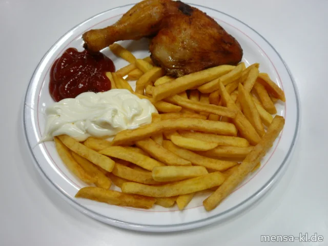 Gebratene Hähnchenkeule (Sf,G) mit Pommes frites und Salat
