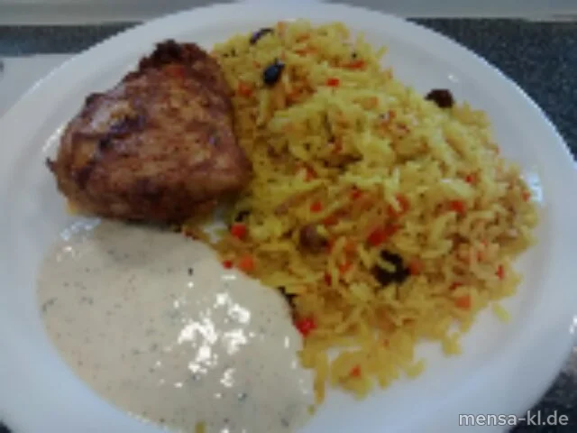 Hähnchenbrustfilet "Ras el Hanout" (G) mit Ayran-Kräuter-Dip (La), orientalischem Reis (Nu,Sl) und Salat (5,Sw)