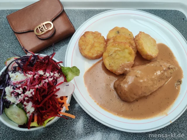 Hähnchenbrustfilet (G) mit Rahmsoße (Gl,La), Röstinchen, dazu einen Beilagensalat nach Wahl