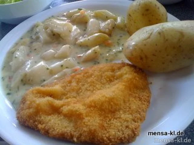 Frisches Pfälzer Spargelgemüse, paniertes Schweineschnitzel, neue Kartoffeln und Salat
