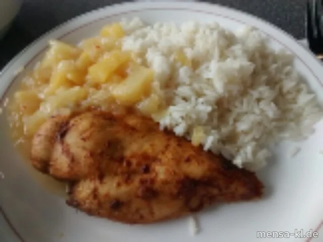 Hähnchenbrustfilet (G) mit Chili-Ananas-Zwiebel-Dip (1,5,La,Sw), Reis und Salat