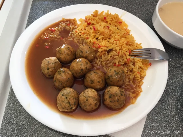 Falafel (Gl,Sl,V,V+) mit "Ras el Hanout"-Soße (Gl,Sl,V,V+), orientalischem Reis (Nu,Sl,V,V+) und Salat (V,V+) | Vegan