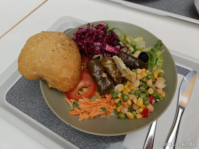 Bowl mit Karotten, Kraut, Tomaten, Paprika, gefüllte Weinblätter, Artischocken (2,So) und ein Focaccia-Brötchen (Gl), dazu ein Balsamico-Dressing (5,Sw)
