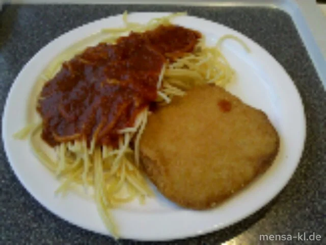 Paniertes Schnitzel 'Mailänder Art' (S) mit Tomatensoße, Spaghetti und Salat
