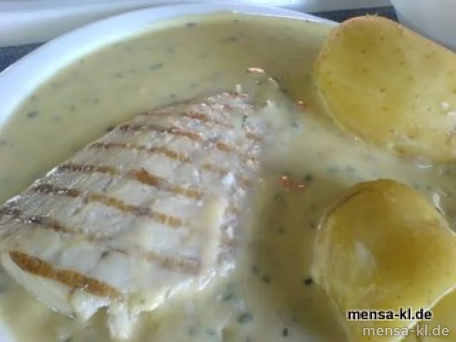 Gegrilltes Seelachsfilet mit Schnittlauch-Senfsoße, "PELLISSIMO" und Salat