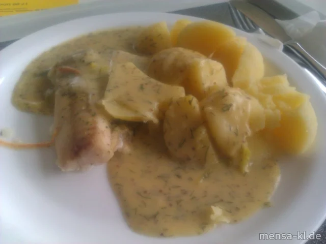 Gedünstetes Seelachsfilet mit Dill-Senf-Soße, Dampfkartoffeln und Salat