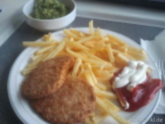 Schnitzel 'Valess' (V) mit Pommes frites (V) und Broccoligemüse mit Mandelbutter (V)
