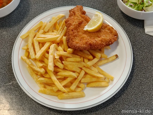 Paniertes Schweineschnitzel (Gl,S) mit Pommes frites, Zitrone und Salat