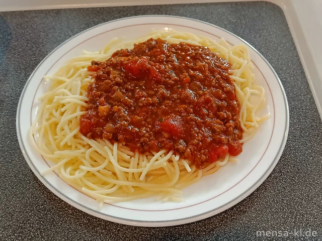 Spaghetti (1,Gl) Bolognese mit Rinderhackfleisch (Sl,R) und Salat
