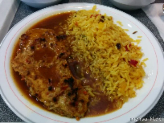 Hähnchenbrustfilet (Sl,G) (Fleischlose Altenative mit "Ras el Hanout"-Soße (3,Gl,Sl) mit "Ras el Hanout"-Soße (3,Gl,Sl,G), orientalischem Reis (Nu,Sl) und Salat (1,3,5,Sw)