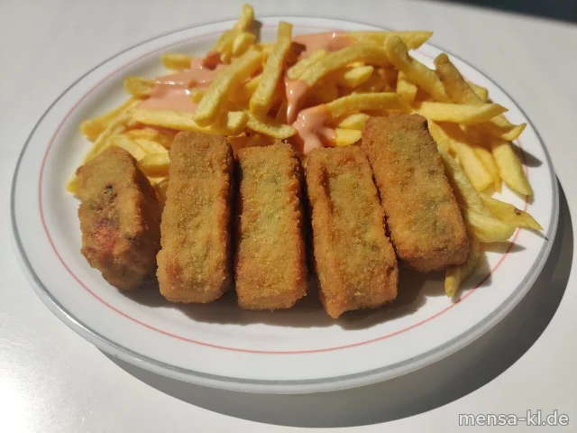 Gemüse Nuggets (Gl,Sl) mit Cocktail-Dip (5,Sw,Sl,Sf), Pommes-frites (Gl) und Salat