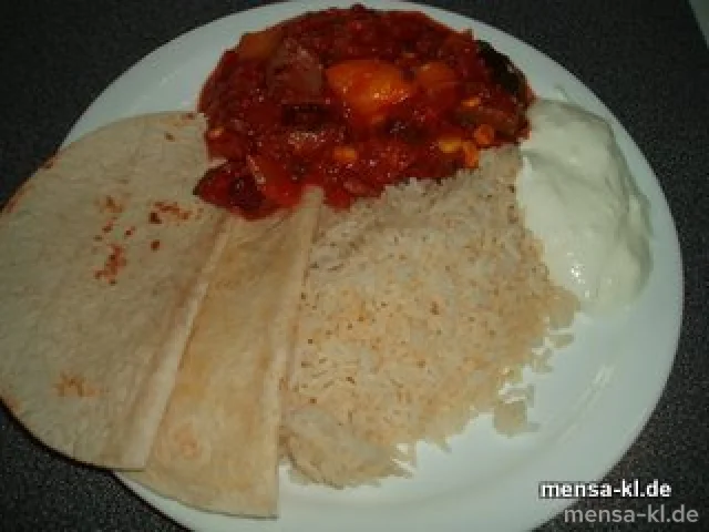 Mexikanische Gemüsepfanne mit Rindfleischstreifen, Sour Cream, Reis, Tortillas (2)