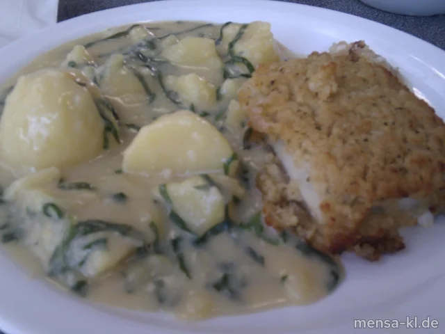 Seelachsfilet "Bordelaise" mit Kräuterauflage, Bärlauch-Kartoffeln und Salat