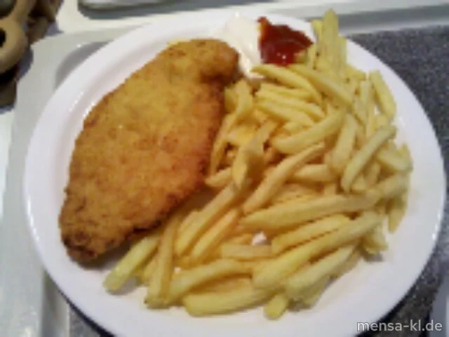 Paniertes Hähnchenbrustfilet (G), Pommes-Frites und Karottengemüse