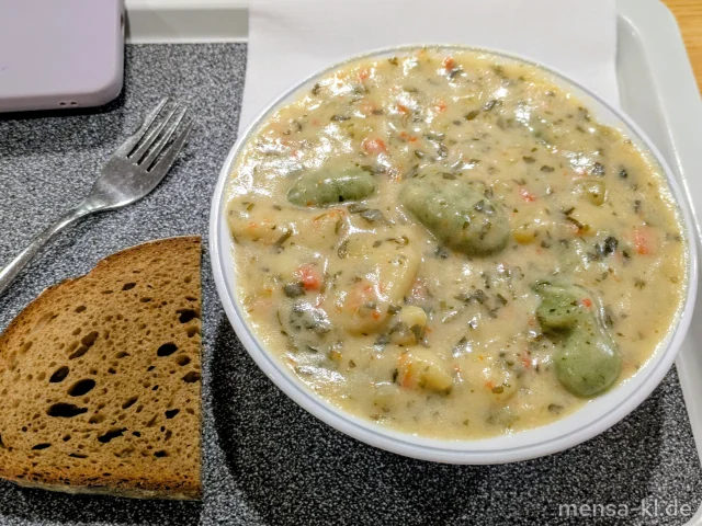 Gemüse-Käuter-Eintopf mit Spinatgnocchi (Gl,La,Sl), dazu Bauernbrot (Gl)