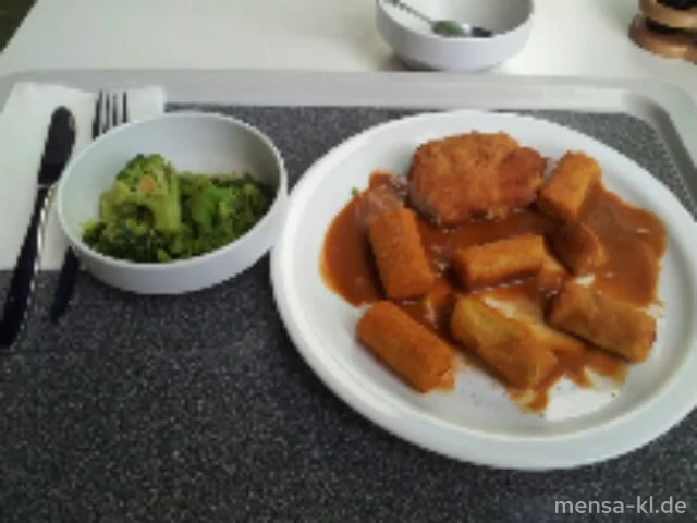 Hähnchen-Cordon bleu mit Truthahnschinken (2/3) und Käse (1/2) gefüllt, Kroketten (1) und Broccoli