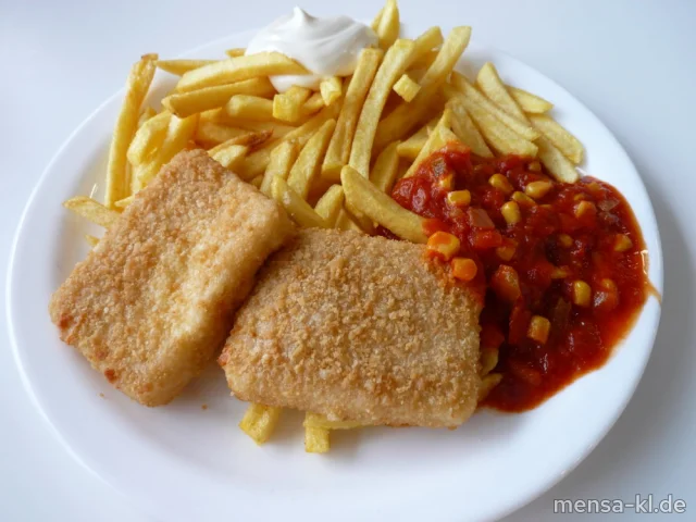 Gebackener griechischer Hirtenkäse (Gl,La,V) mit Pusztasoße (9,Sl,V), Pommes frites (V) und Salat (1,5,Sw,V)